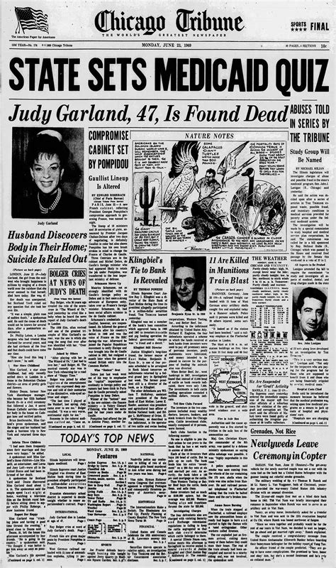 June 23 1969 Death Chicagotribune 1 Judy Garland News And Events