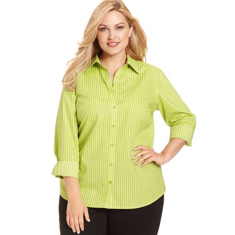 Jones New York Signature Plus Size Easy Care Longsleeve Striped Shirt In Green Green Apple