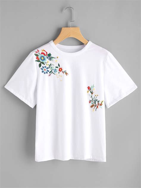 Flower Embroidered Short Sleeve Tee Embroidered Clothes Embroidery
