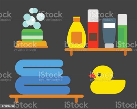 Bath Equipment Icons Shower Flat Style Colorful Clip Art Illustration