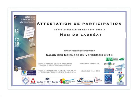 Une Attestation De Participation Au Salon Des Sciences Du Vendômois