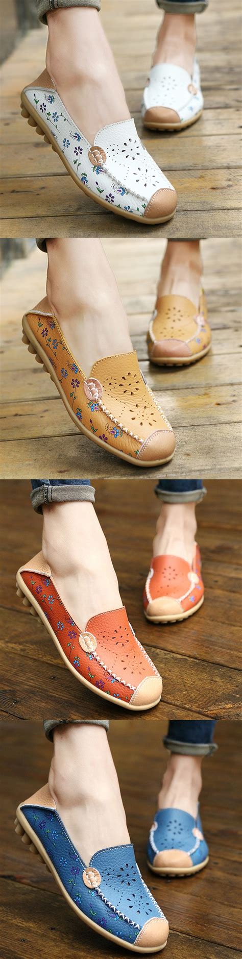 Lostisy Floral Print Hollow Out Breathable Color Match Casual Slip On