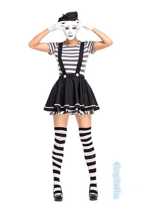 H2 Ladies Mesmerizing Mime Costume French Artist Clown Circus Fancy Dress Outfit Ebay