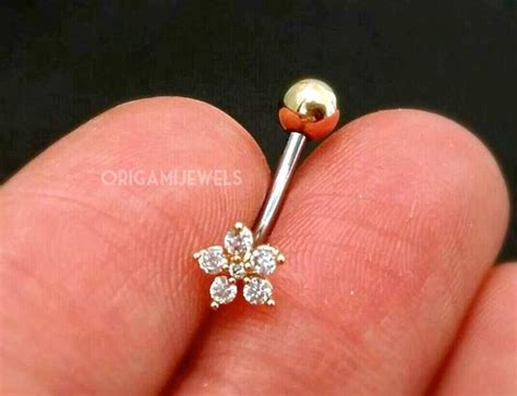 Cz Flower Belly Button Ring Floating Navel Ring Dainty Belly Etsy