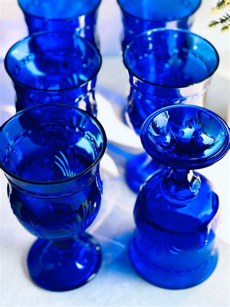 Vintage Cobalt Blue Goblet Mid Century Blue Glass Goblet Etsy