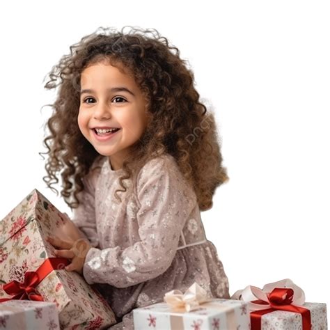 فتاة صغيرة متحمسة تبتسم أثناء فتح هدايا عيد الميلاد شجرة عيد الميلاد مزينة بشكل جميل عائلة عيد