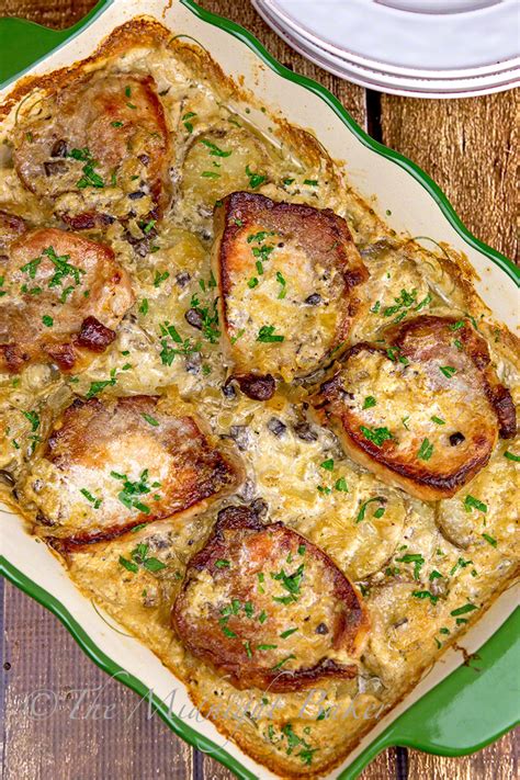 The pork chops are quickly browned in a hot pan and then baked in the oven with potatoes and onions and a simple sauce of condensed soup and milk. Pork Chops & Scalloped Potatoes Casserole - The Midnight Baker