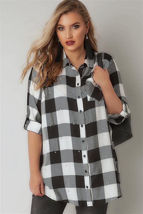 limited collection black and white checked shirt with pearlescent embellished details plus size 16 to