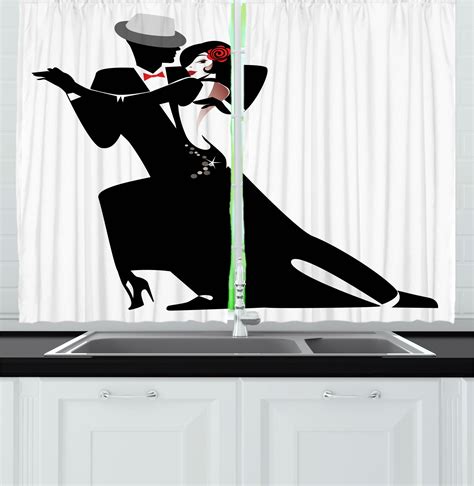 Retro Kitchen Curtains Man And Woman Partners Romantic Dance Tango Waltz Lovers In Rhythmic