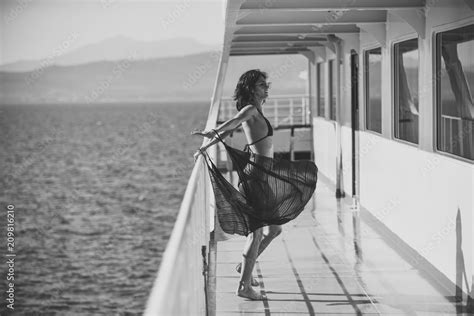 Vacation Concept Sexy Lady Walk On Deck Of Cruise Liner With Sea On Background Woman In Bikini