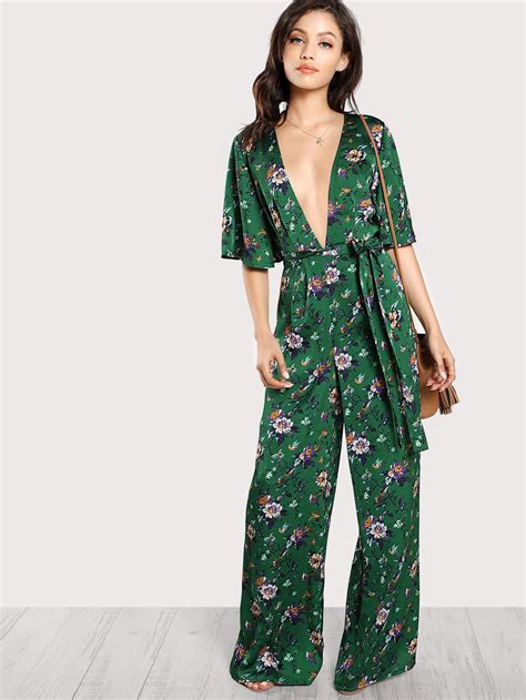 plunge neck self belted palazzo jumpsuit shein sheinside