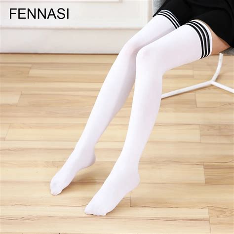 Fennasi Women S White Black Striped Knee High Stockings School Thigh High Long Stockings Female