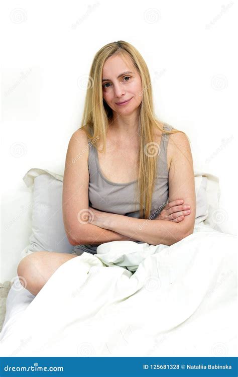 Middle Age Woman Real Portrait Bed Bedroom Blonde Long Hair Fifty Plus
