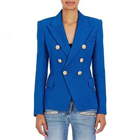 2018 autumn winter blue formal jacket women runway designer metal lion buttons double breasted