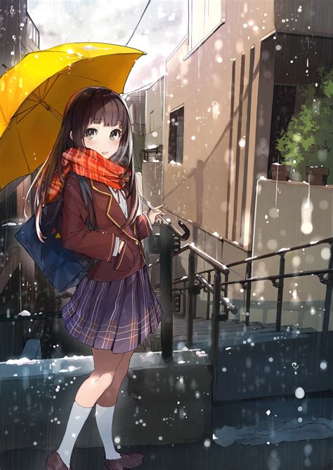 Original Anime Girl School Girl Rain Umbrella Wallpaper