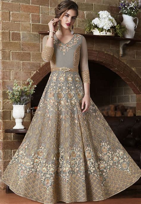 Dusty Net Indian Wedding Wear Anarkali Suit Anarkali Dress Western Gowns Fashion