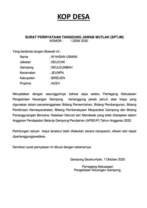 Contoh Surat Pernyataan Tanggung Jawab Mutlak (SPTJM ...