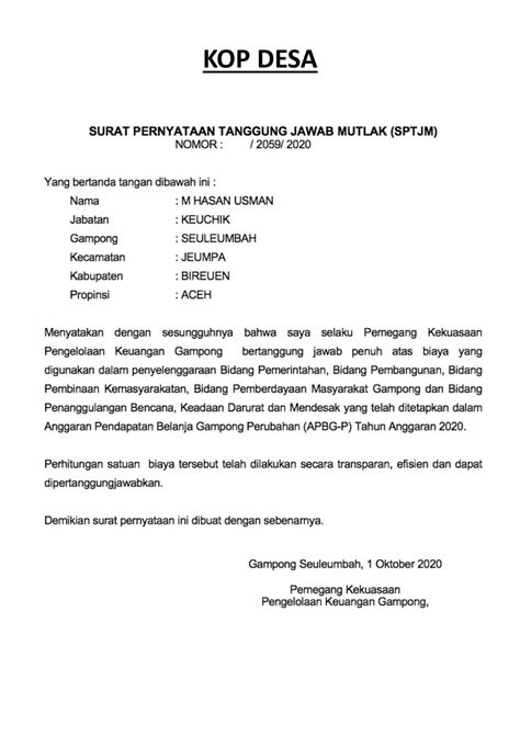 Setelah beberapa waktu lalu kita belajar mengenai contoh surat resmi, dan surat pribadi. Contoh Surat Pernyataan Tanggung Jawab Mutlak (SPTJM) - MEDIA DESA