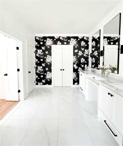 White Bathroom With Black And White Floral Wallpaper Soul And Lane