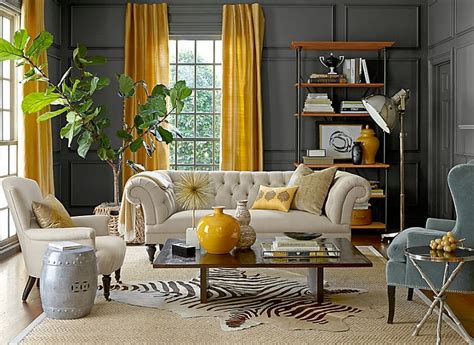 Slate Grey Walls And Gold Draperies Play Well Together Grey And Yellow