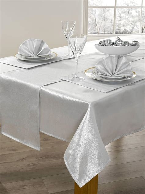 14 Piece Table Linen Set Sparkle Metallic Silver Tablecloth Runner