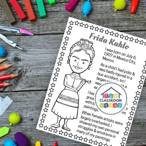 Free Frida Kahlo Coloring Page Mini Biography Worksheet For Kids
