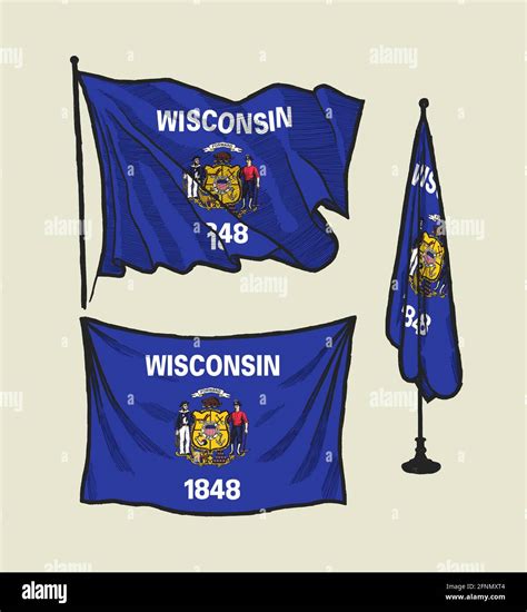 Flag Of Wisconsin On The Wind And On The Wall Hand Drawn Vector