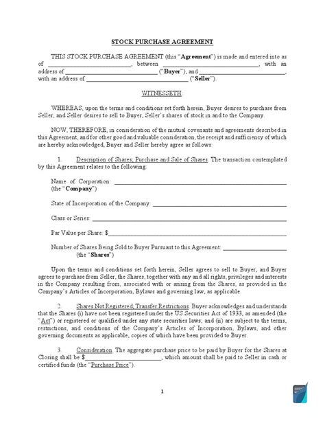 Free Stock Share Purchase Agreement Template Pdf Sample