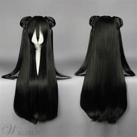 Super Long Straight Black Cosplay Wig With Ponytails Kawaii Frisuren