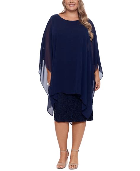 Betsy And Adam Plus Size Chiffon Overlay Sequin Lace Dress In Navy Modesens