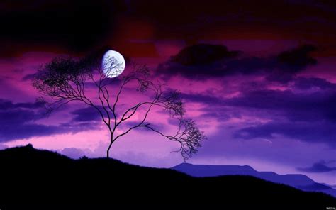 Art Nature Landscapes Hills Mountains Sky Clouds Night Dusk Moon Purple