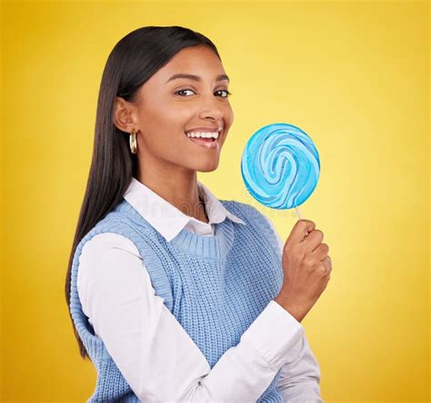 Smile Lollipop And Candy With Portrait Of Woman In Studio For Sweets