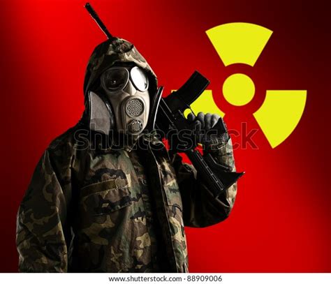 Portrait Soldier Rifle Gas Mask Radioactive Stock Photo 88909006