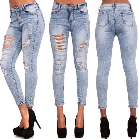 Womens Blue Ripped Skinny Jeans Ladies Jeggings Slim Fit Denim Size 6 8