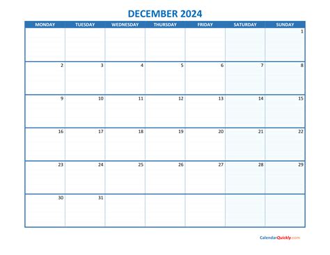 December Monday 2024 Blank Calendar Calendar Quickly