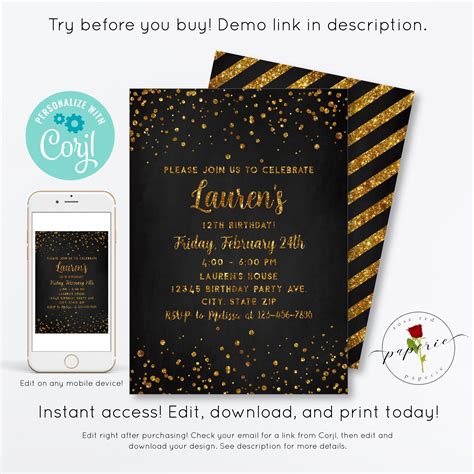 Gold Glitter Birthday Party Invitation Digital Party Invite Etsy Uk