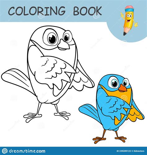 Coloring Book With Fun Character Bird Colorless And Color Samples