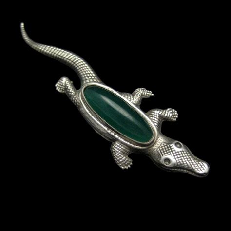 Sterling Silver Alligator Crocodile Brooch Pin Green Stone Vintage Figural Ebay