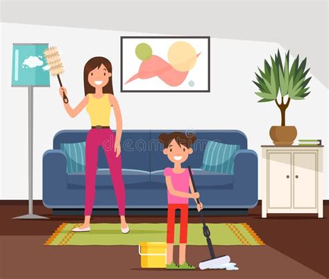 Mother And Daughter Doing Household Chores Stock Vector Illustration