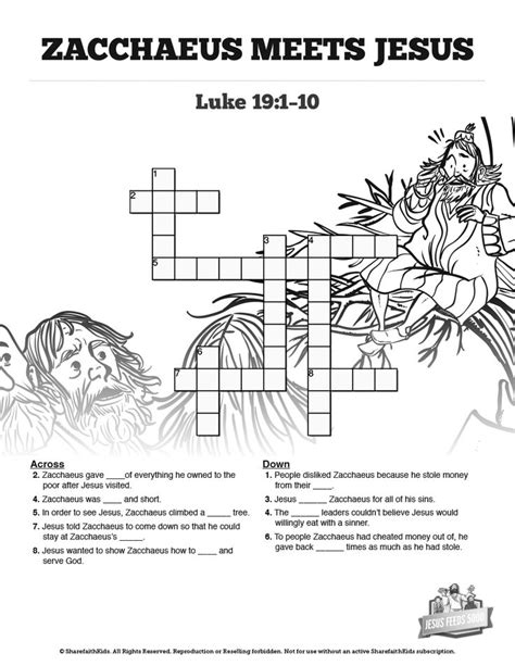 Luke 19 Story Of Zacchaeus Sunday School Crossword Puzzles Featuring