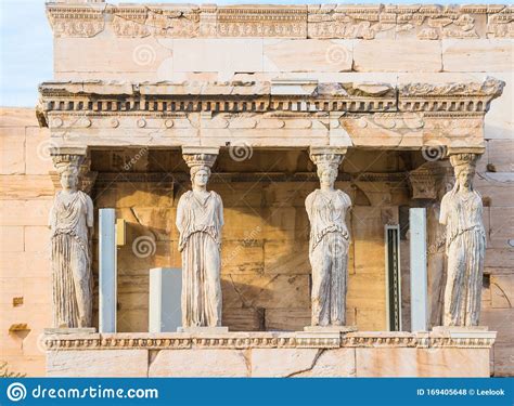 Caryatid Statues In Ancient Erechtheion Temple In Acropolis Of Athens