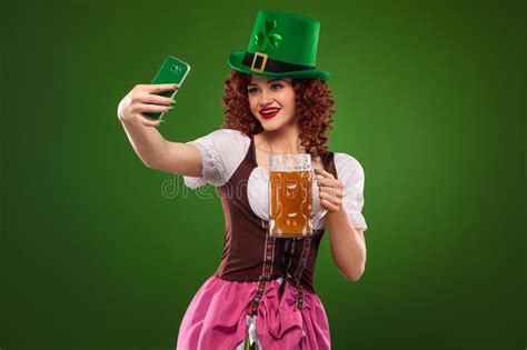 Happy Young Woman Taking Selfie On Smartphone St Patrick Day Young Redhead Oktoberfest