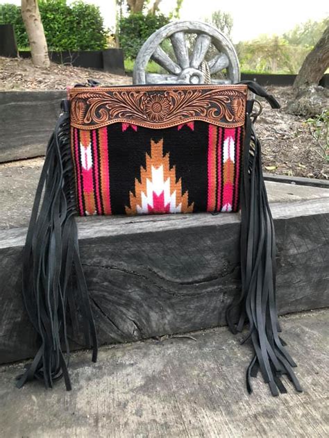 Aztec Blanket Shoulder Bag With Hand Tooled Leather Feature And Fringe