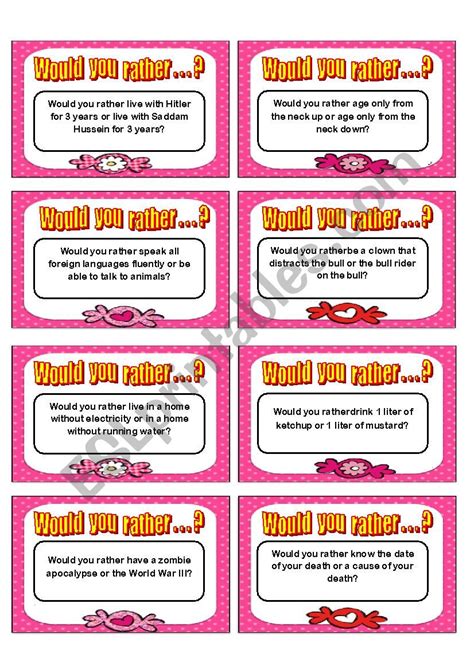 Would you rather card game. Would you rather card game - Speaking II - ESL worksheet by mauro78