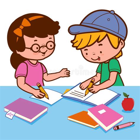 Children Doing Their Homework On A Desk Vector Illustration Stock