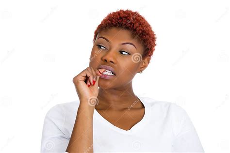 woman with finger in mouth sucking thumb biting fingernail in stress stock image image of