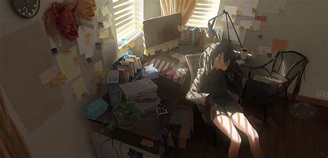 Hd Wallpaper Anime Anime Girls Dark Room Sitting Interior