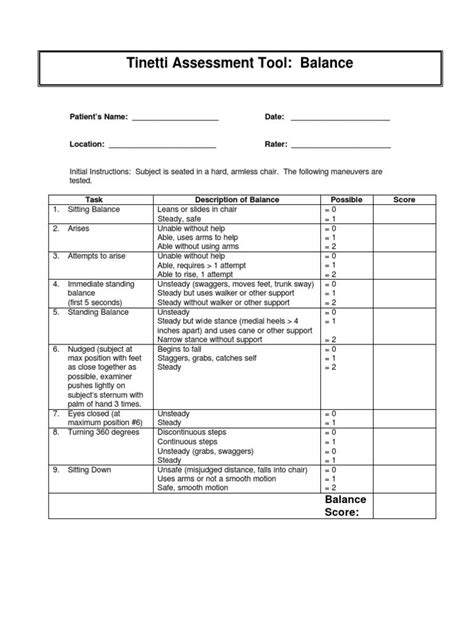 Tinetti Balance Assessment Score Sheet