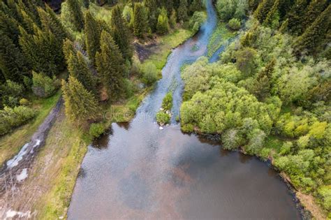 Drone View Of The River Among The Forest Trees Grow Along The Shore