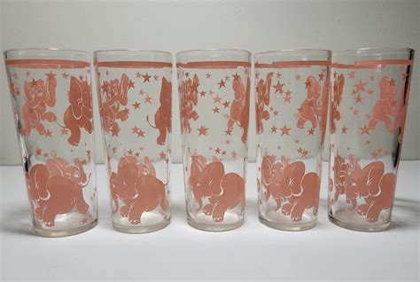 Vintage Hazel Atlas Lot Of 5 Pink Dancing Elephants Stars 6 Tumblers